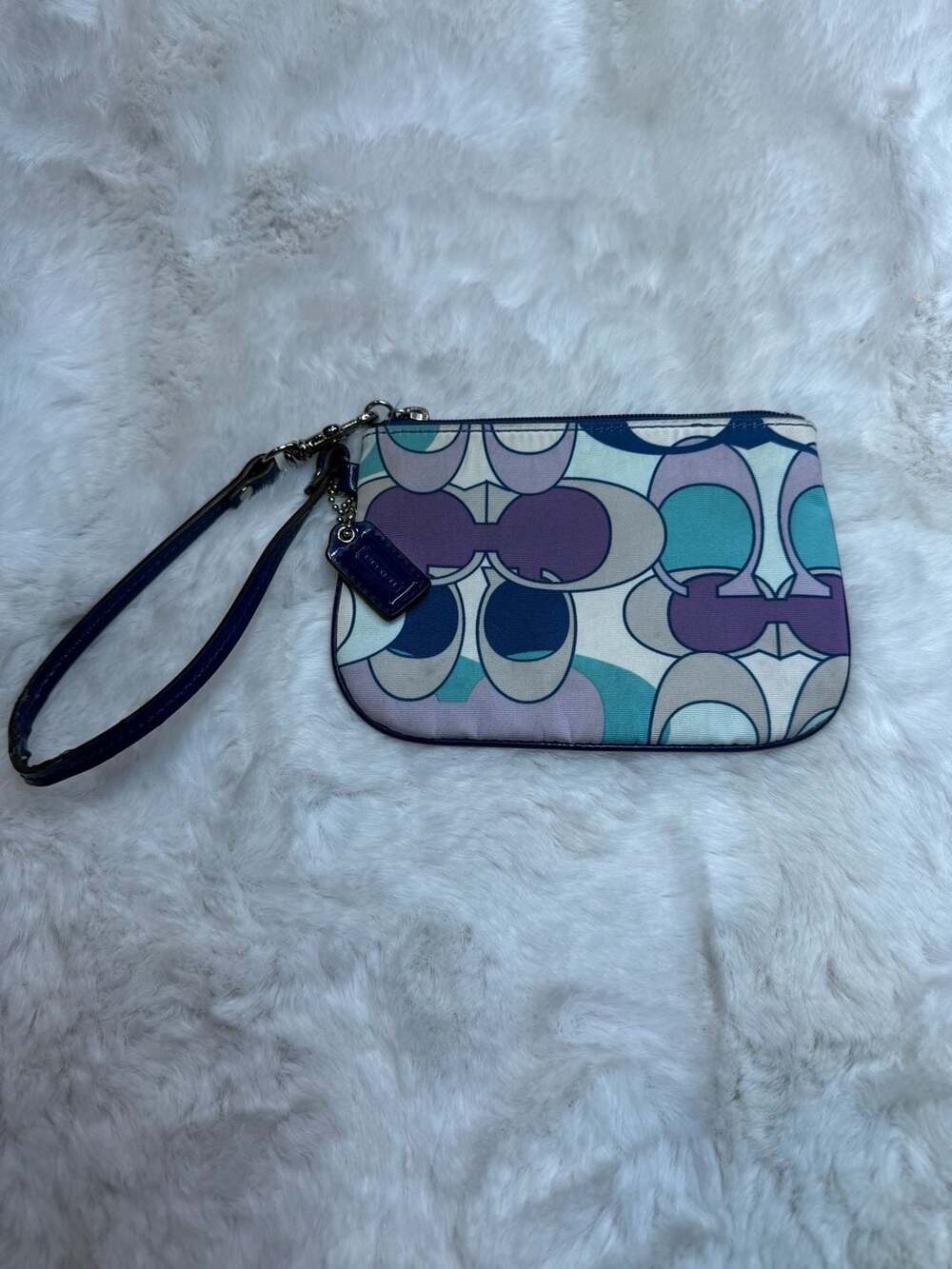 Coach Scarf Print Signature Small Wristlet in Blue and Purple